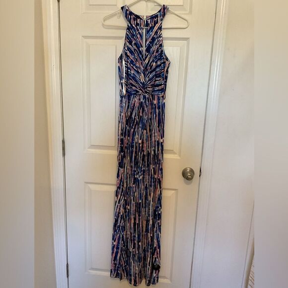 Eliza J Halter Neck Twist Front Blue Printed Maxi Dress Size 4 - Picture 4 of 7